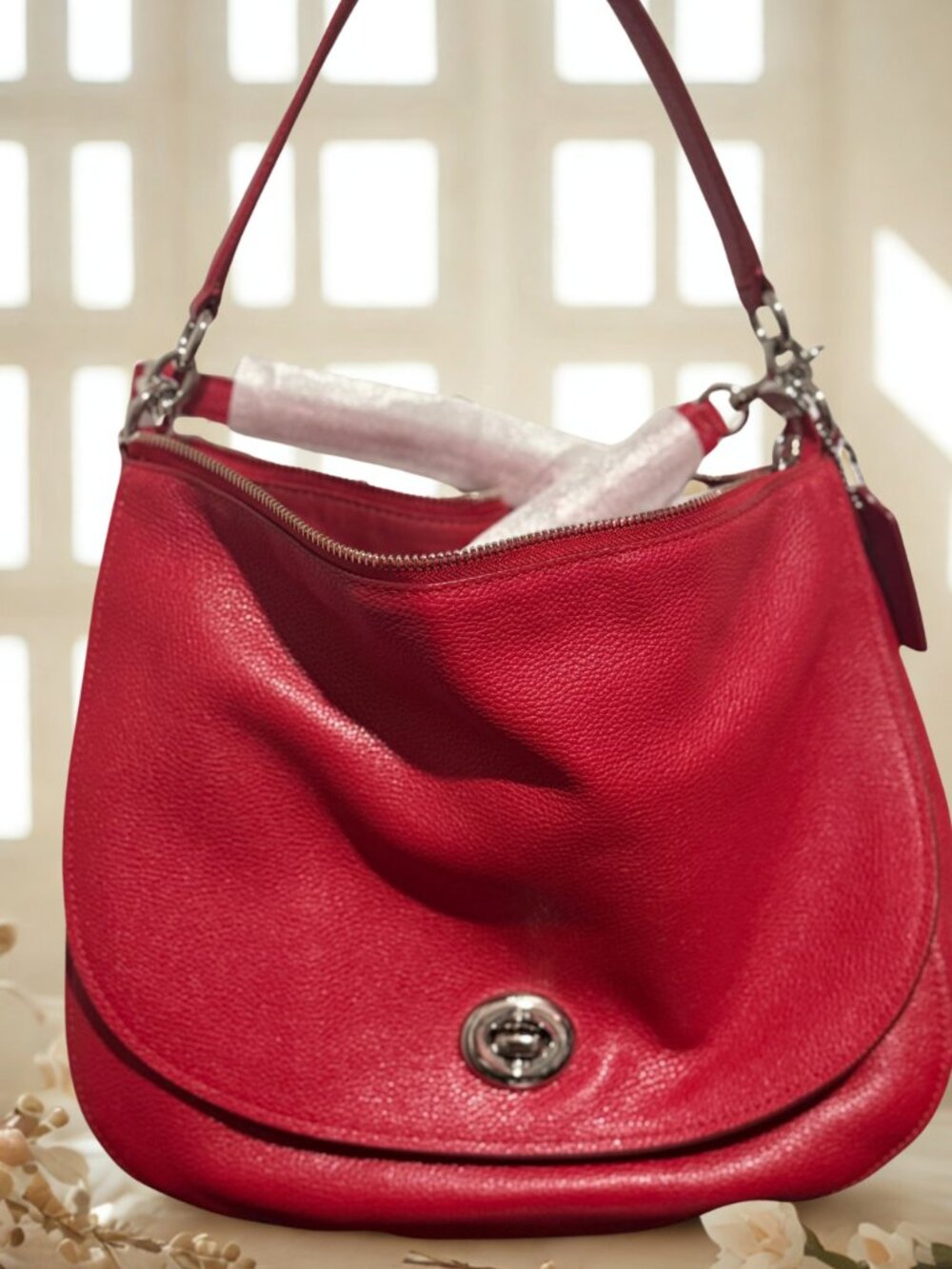 Coach Red Pebbled Leather Hobo Bag